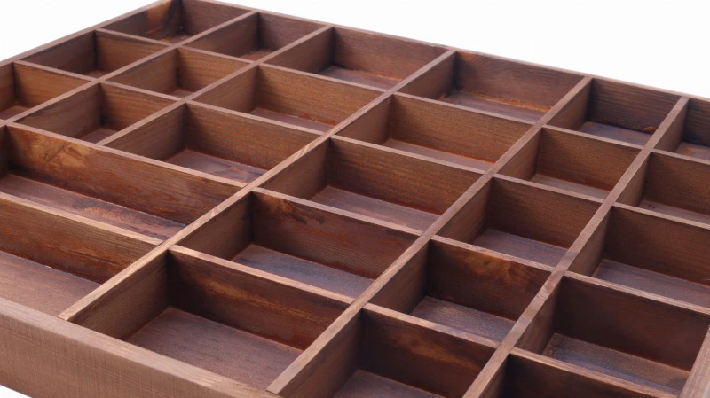 Collection Display Box wooden 28 compartments brown close up