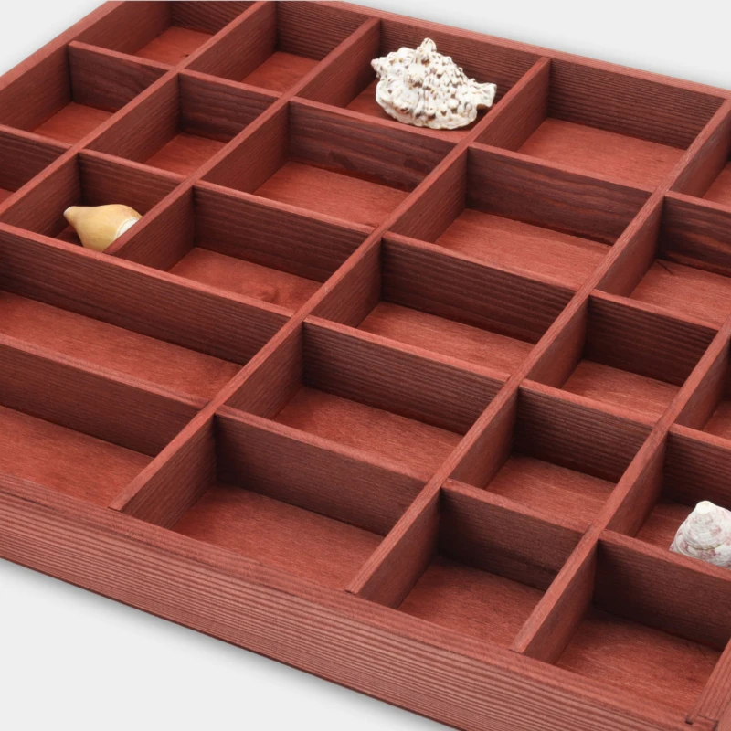 Drewniany organizer na miniatury 28 przegródek – bordo, ręcznie robiony