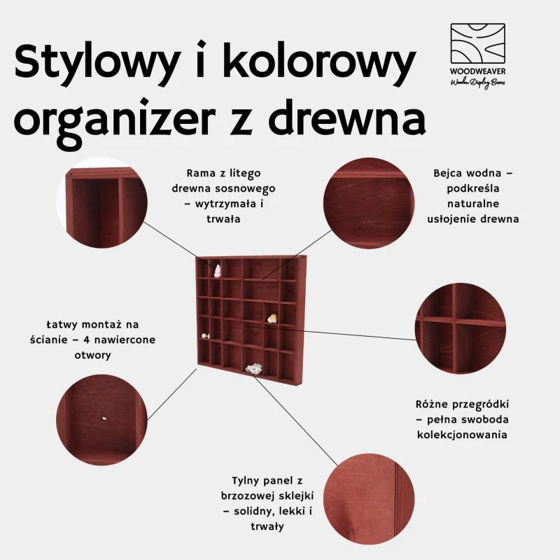 Organizer z drewna bordo 28 przegródek – na kolekcje, figurki, zabawki